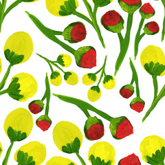 summer red yellow flowers green branches gouache drawing seamless pattern