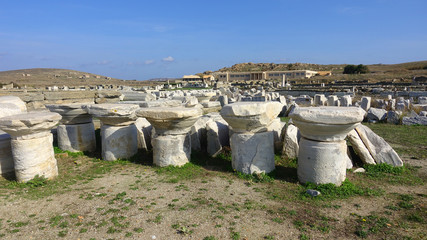 Iconic and amazing archaeological site in uninhabited island of Delos, Cyclades, Greece