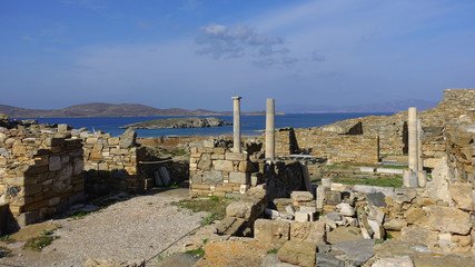 Iconic and amazing archaeological site in uninhabited island of Delos, Cyclades, Greece