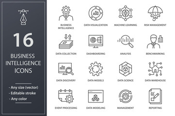 Business Intelligence line icons set. Black vector illustration. Editable stroke.