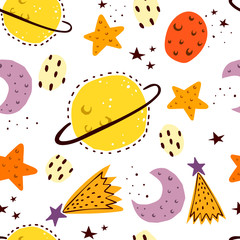 Seamless pattern with planets, stars, crescents, decor elements. colorful vector for kids. hand drawing. space theme. baby design for fabric, wrapper, textile, print