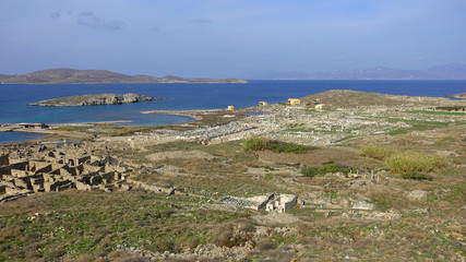 Iconic and amazing archaeological site in uninhabited island of Delos, Cyclades, Greece