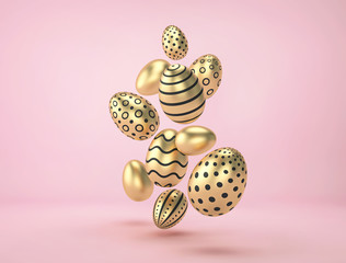 Falling golden easter eggs with different pattern on pink background