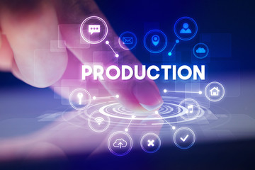 Finger touching tablet with web technology icons and PRODUCTION inscription, web technology concept