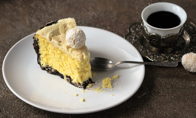 A piece of Rafaello cheesecake. Homemade.