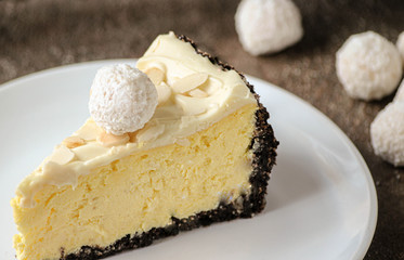 A piece of Rafaello cheesecake. Homemade.