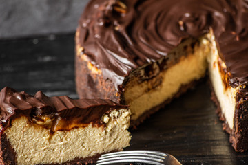 Chocolate peanut cheesecake. Home baking.