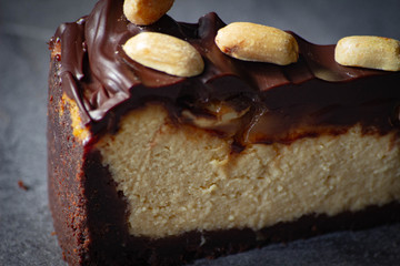 Chocolate peanut cheesecake. Home baking.