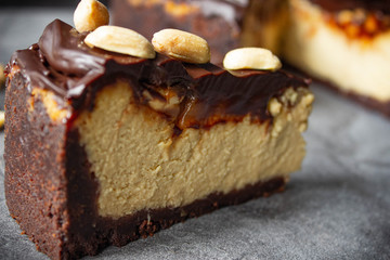 Chocolate peanut cheesecake. Home baking.