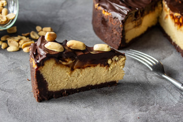 Chocolate peanut cheesecake. Home baking.