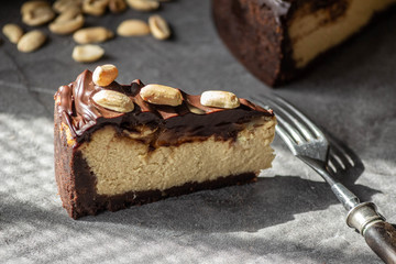 Chocolate peanut cheesecake. Home baking.