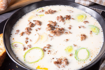 Delicious cheese and leek soup with minced meat