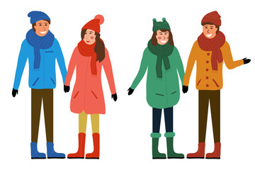 Fototapeta premium Two young couples in love in winter clothes standing and holding hands. Color flat vector illustration of people on a white background for use in nature pictures and outdoor activities.
