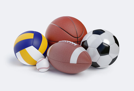 Various sports balls. Sports Equipment on White Background with clipping path. Render 3d illustration