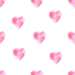 illustration watercolor seamless pattern of pink blurry hearts on a white background. for the holiday Valentine's Day. For cards, fabric, paper, design.