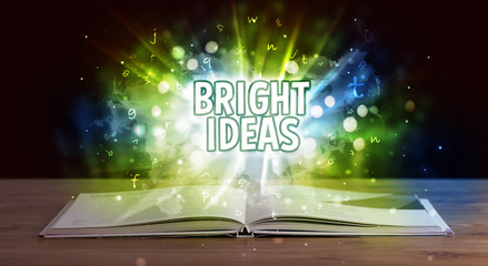 BRIGHT IDEAS inscription coming out from an open book, educational concept