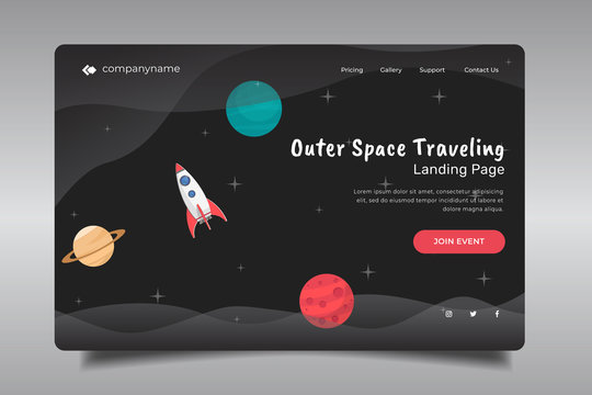 Landing page with outer space illustration, space background, rocket and planet illustration, vector.