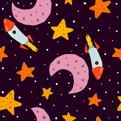 Seamless pattern with rockets, stars, crescents, decor elements. colorful vector for kids. hand drawing. space theme. baby design for fabric, wrapper, textile, print