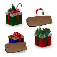 Set of festive composition with Christmas tree branches in a gift bag and boxes with bows on a white background.