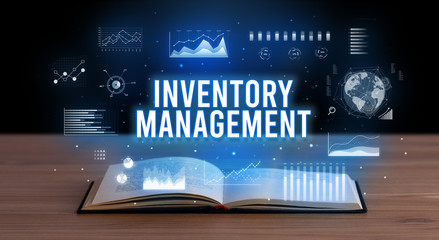 INVENTORY MANAGEMENT inscription coming out from an open book, creative business concept