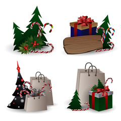 Set of festive composition with Christmas tree branches in a gift bag and boxes with bows on a white background.
