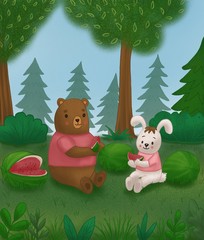 Cute illustration. Summer day. Bunny and bear eat watermelons in the forest