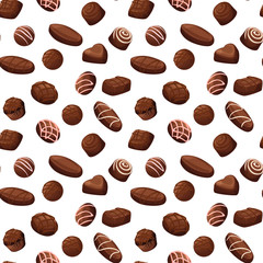 Chocolate candies cartoon pattern, isolated dark chocolate candy illustrations.