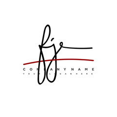 FJ signature initials. Handwritten logo vector template with red underline. Hand drawn Calligraphy lettering Vector illustration.