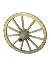 Old brown wooden wagon wheel from a cart isolated over white