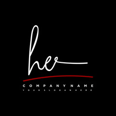 HE signature initials. Handwritten logo vector template with red underline. Hand drawn Calligraphy lettering Vector illustration.