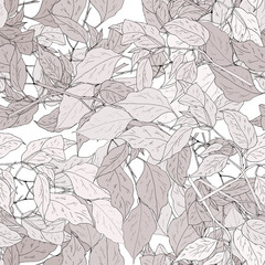 seamless background with leaves. Ficus, branch with leaves, stylized in shades of gray. Watercolor illustration isolated on a white background