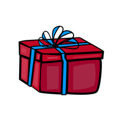 Gift box isolated on white background. Stock vector illustration of holiday present in cartoon style.Gift box Icon for game interfaces. Reward icon. Christmas red gift box with blue ribbon. EPS10.