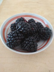 Beautiful black berries of a blackberry lie on a beautiful white saucer with red stripes. It can be used as banners for social networks, in environmental materials, for printing on a calendar, fabric,