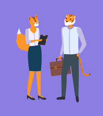 Hipster animals vector, woman fox with papers clipboard, male tiger holding briefcase with papers and documentations, people meeting boss secretary
