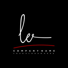LE signature initials. Handwritten logo vector template with red underline. Hand drawn Calligraphy lettering Vector illustration.