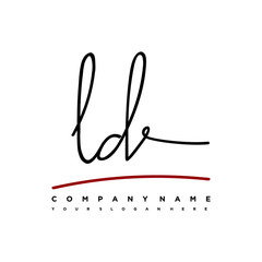 LD signature initials. Handwritten logo vector template with red underline. Hand drawn Calligraphy lettering Vector illustration.