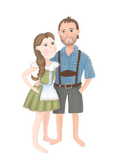 Isolated german couple on white background. Man and woman in traditional costumes.