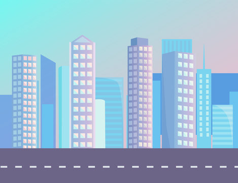 High buildings in city on background on sunset. Smooth asphalted road, street with no cars and white marking. Beautiful cityscape with skyscrapers and blue sky. Vector illustration in flat style
