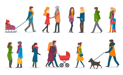 Fototapeta na wymiar People wearing warm clothes in winter vector. Woman with kid sitting on sledges. Mother and father with perambulator and newborn baby. Friends talking holding bags. Male walking dog on leash