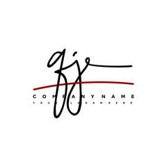 QJ signature initials. Handwritten logo vector template with red underline. Hand drawn Calligraphy lettering Vector illustration.