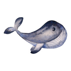 Cute watercolor cartoon illustration of a gray-blue whale for children's design of fabrics, cards, posters, stickers. Hand drawn isolated on a white background.