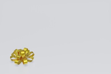 golden bow ribbon on white background, with copy space, 3D rendering