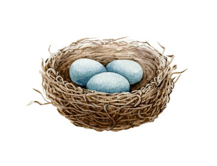 Bird nest watercolor illustration. Cozy spring natural bird house of straw and branches with blue eggs. Close up hand draw nest. Symbol of Easter, love and family. Isolated on white background.