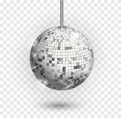 Disco ball isolated. Night Club party light element. Bright mirror silver ball design for disco dance club