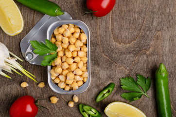 Canned chickpeas in a tin