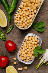 Canned chickpeas in a tin