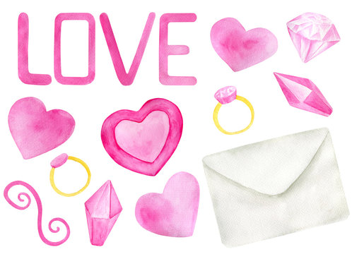 Watercolor romantic set for Saint Valentine's Day. Hand drawn pink hearts, love, diamonds, letter, ring. Elements isolated on white for greeting cards design, wrapping, posters, printing.