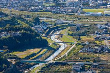 Managed river flows through Kinokawa in Wakayama, Japan