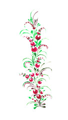 Folk flowers ornament in the national Ukrainian style petrikovka painting. Watercolor illustration isolated on white background.