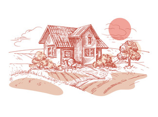 A vector image of a village house. The village landscape.